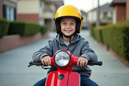 Adolescent de 14 ans sur une moto 50cc rouge garée dans une allée résidentielle avec casque jaune