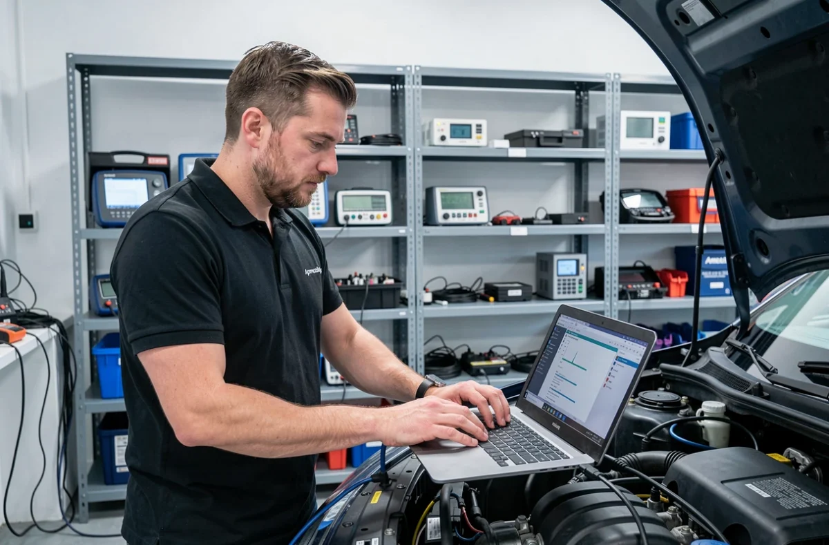 Spécialiste en diagnostic automobile analysant des données moteur dans l'atelier Apmecadiag à Paris