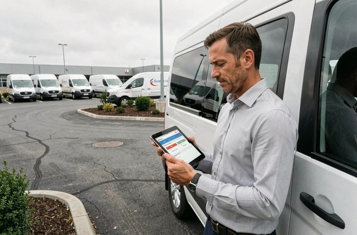 Chef d'entreprise comparant des offres d'assurance flotte sur tablette devant un véhicule utilitaire blanc dans un parking commercial