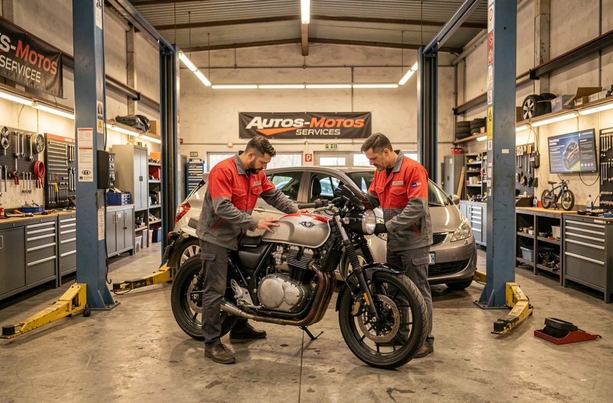 Deux mécaniciens réparant simultanément une moto et une voiture dans l'atelier Autos-Motos Services à Paris