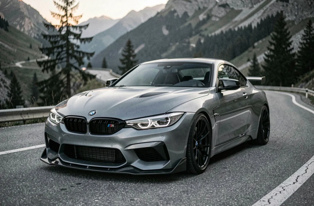 BMW CSL vue de trois quarts avant sur une route alpine, finition Frozen M et arches en fibre de carbone