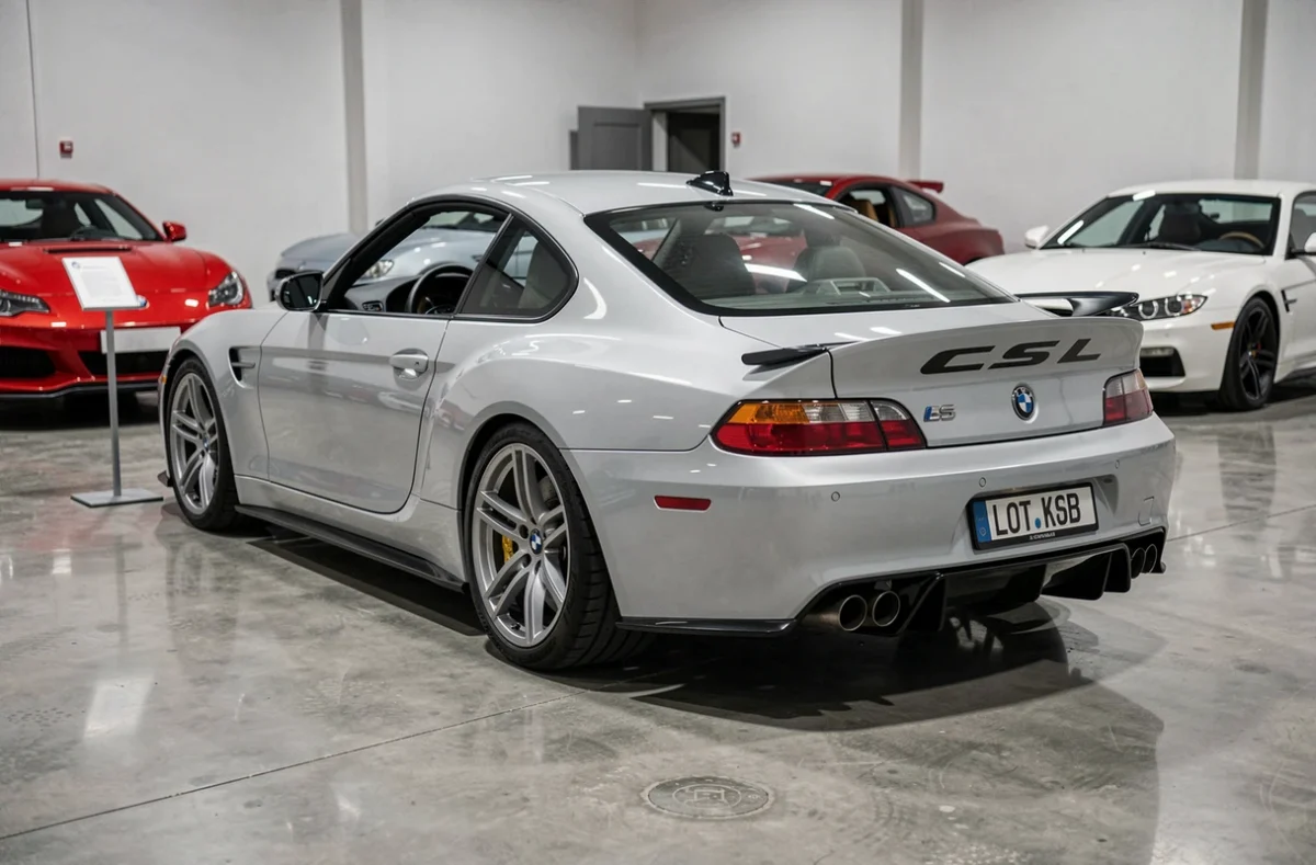 BMW CSL exposée lors d'une vente aux enchères de voitures de collection, vue arrière trois quarts dans un espace d'exposition contemporain