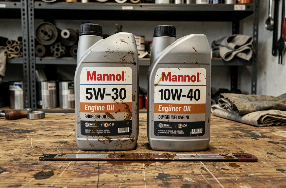 Deux bouteilles d'huile Mannol avec grades de viscosité différents posées sur un établi d'atelier avec une jauge d'huile usagée