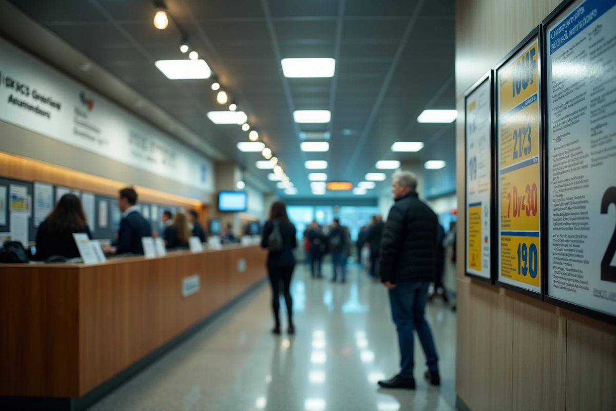 Bureau d'immatriculation européen avec des affiches explicatives sur les plaques d'immatriculation dont la lettre L pour le Luxembourg, vue grand angle de l'espace administratif