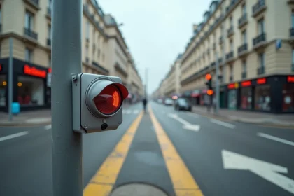 Caméra de feu rouge installée sur un poteau métallique à une intersection urbaine en France avec marquages au sol jaunes