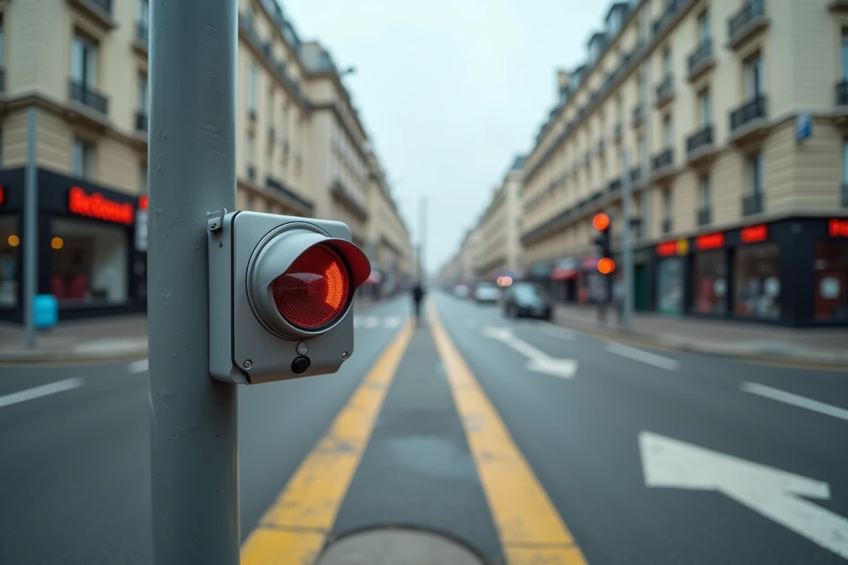 Caméra de feu rouge installée sur un poteau métallique à une intersection urbaine en France avec marquages au sol jaunes