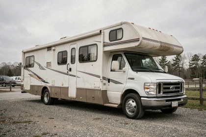 Camping-car poids lourd d'occasion garé sur un terrain de concessionnaire, montrant des signes d'usure réalistes pour illustrer l'achat d'un véhicule de loisirs d'occasion