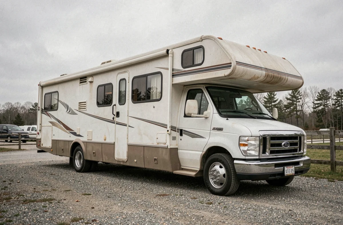 Camping-car poids lourd d'occasion garé sur un terrain de concessionnaire, montrant des signes d'usure réalistes pour illustrer l'achat d'un véhicule de loisirs d'occasion