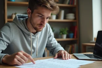 Jeune candidat au permis de conduire révisant un document PDF de questions de vérification sur un bureau en bois à domicile