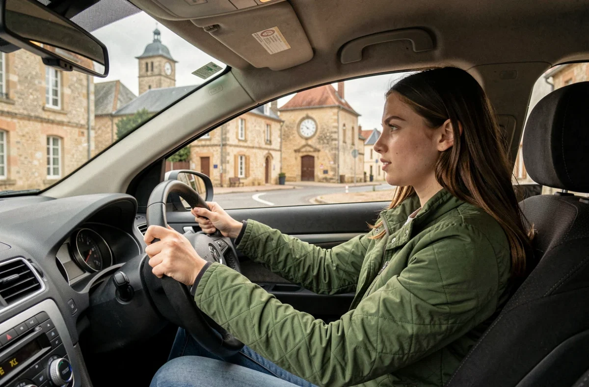 Une élève conductrice de Cap Conduite négociant un rond-point à Fontenay-le-Comte en Vendée