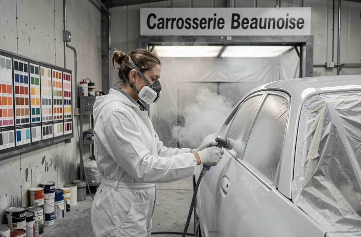 Carrossière de la Carrosserie Beaunoise dans le Loiret appliquant un apprêt sur une portière de voiture en cabine de peinture