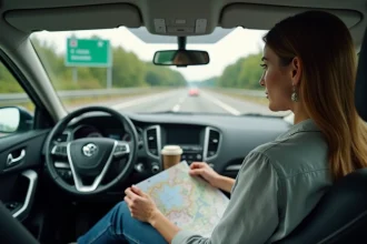 Femme tenant une carte autoroute dans une voiture garée à une aire de repos française, consultant une carte routière