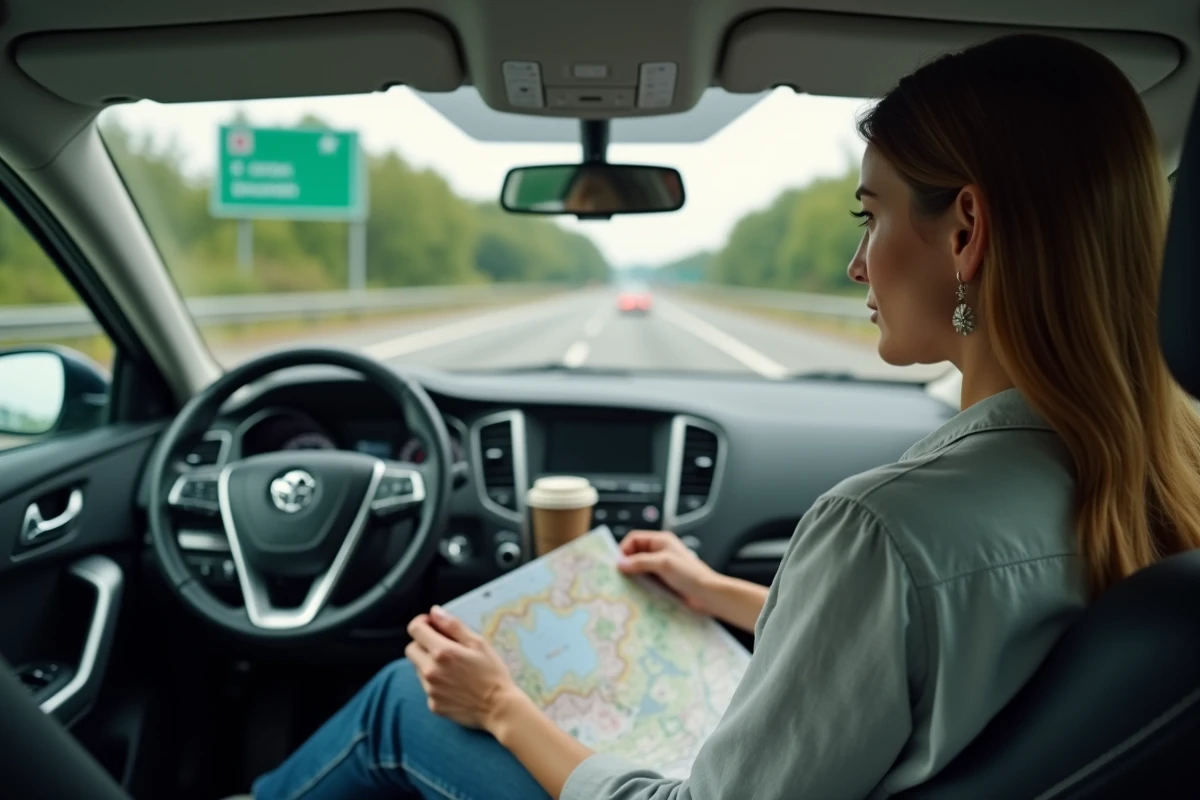 Femme tenant une carte autoroute dans une voiture garée à une aire de repos française, consultant une carte routière