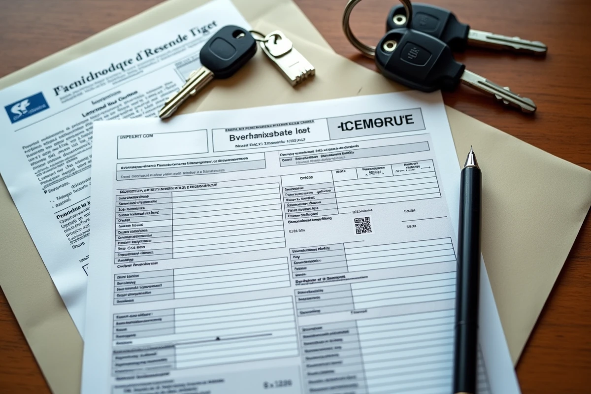 Carte grise française posée sur un bureau avec clés de voiture et rapport de contrôle technique