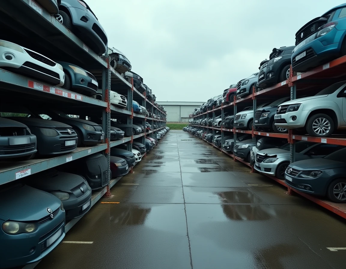 Vue panoramique d'une casse auto avec pièces détachées d'occasion en Nord-Pas-de-Calais