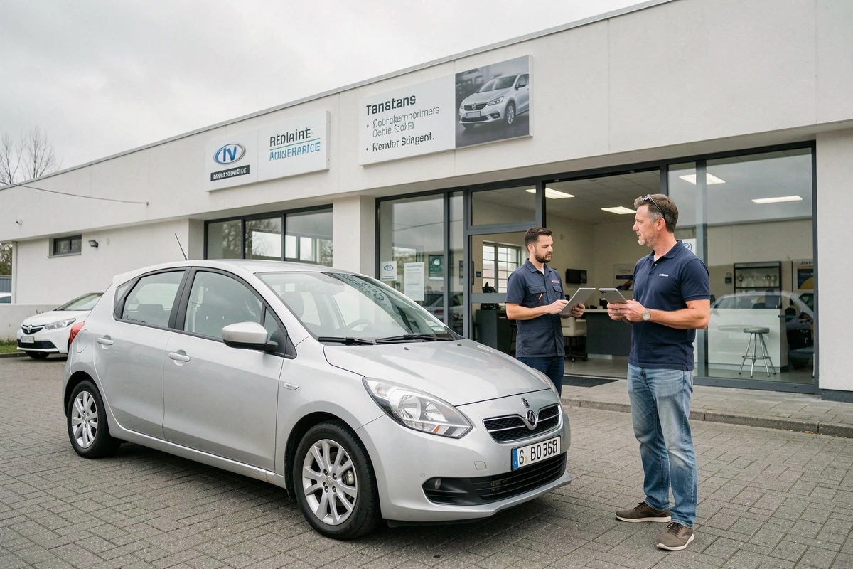 Client et conseiller discutant devant un centre auto moderne lors d'une prise en charge de véhicule