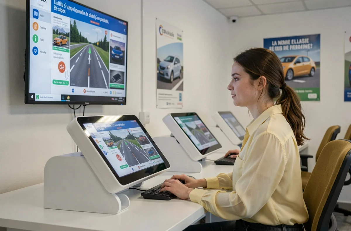 Une élève passant un test de code de la route sur un terminal interactif dans un centre CER Cerov