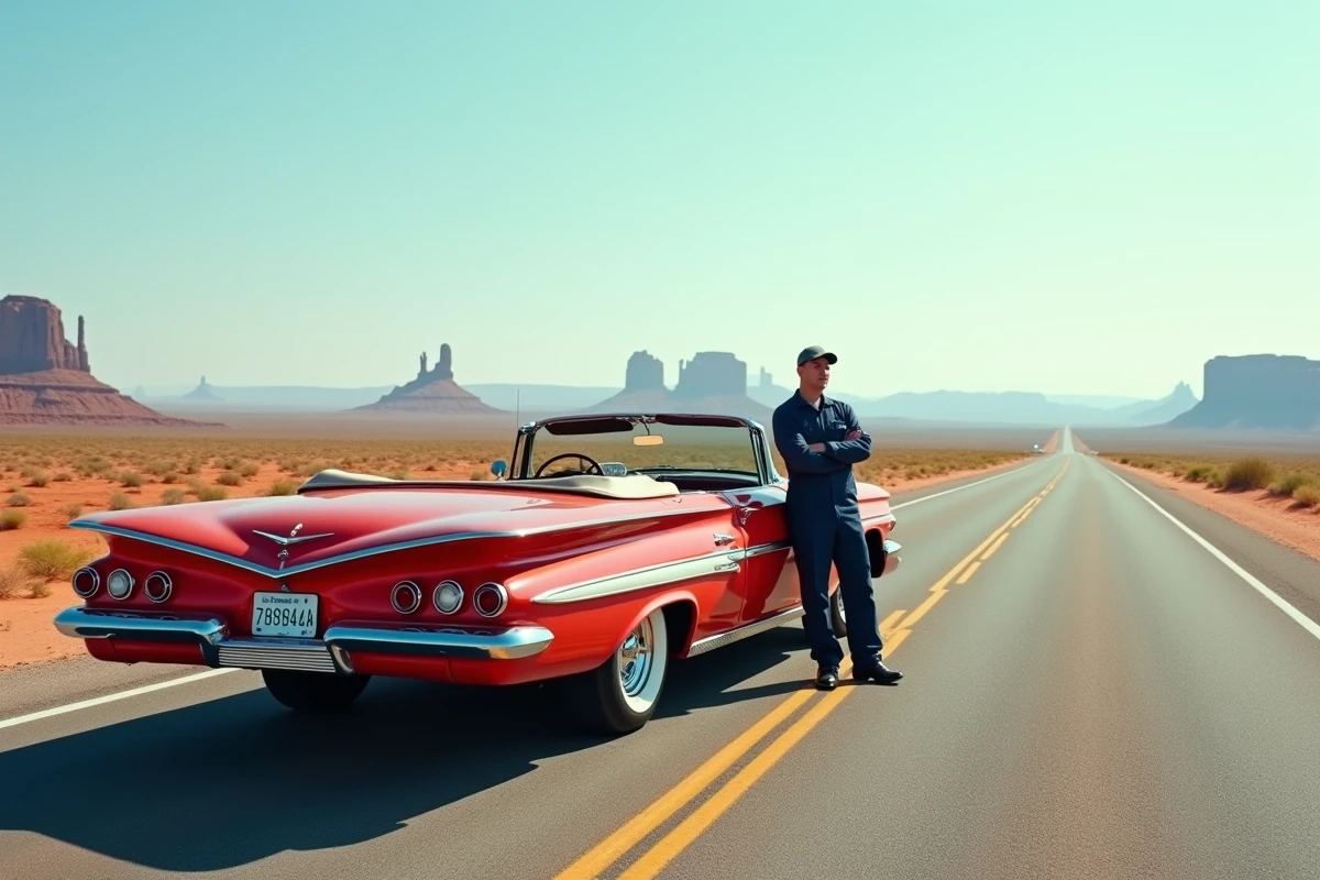 Chevrolet Impala cabriolet rouge restaurée sur route désertique américaine avec mécanicien appuyé sur l'aile arrière
