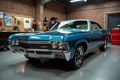 Chevrolet Impala 1967 restaurée bleu métallisé dans un atelier de restauration automobile avec outils chromés au premier plan