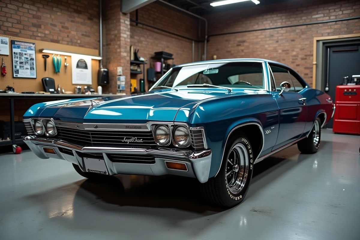 Chevrolet Impala 1967 restaurée bleu métallisé dans un atelier de restauration automobile avec outils chromés au premier plan