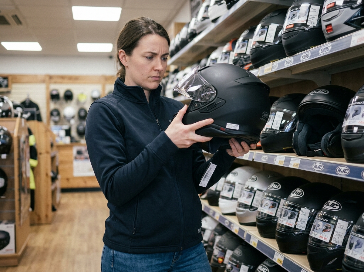 Femme inspectant un casque moto intégral dans un magasin de moto avant de comparer les options disponibles en ligne