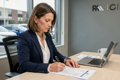 Femme d'affaires en blazer marine examinant des documents d'assurance voiture professionnelle dans un bureau moderne avec vue sur des véhicules d'entreprise