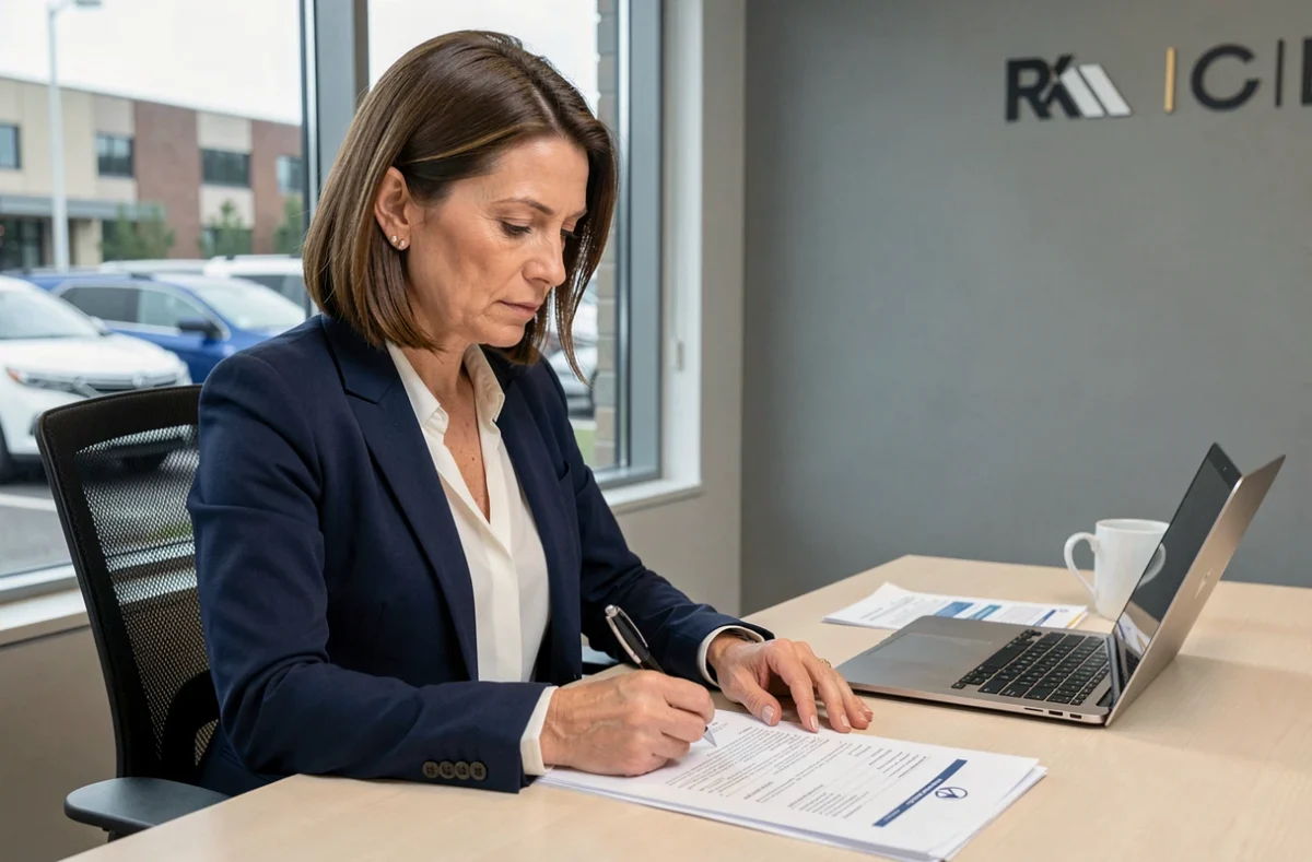 Femme d'affaires en blazer marine examinant des documents d'assurance voiture professionnelle dans un bureau moderne avec vue sur des véhicules d'entreprise
