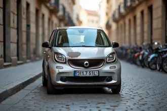 Petite citadine robuste garée sur des pavés en ville, témoignant de plusieurs années de fiabilité mécanique