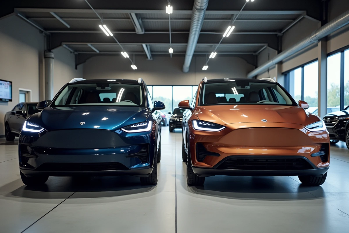 Citroën 3008 Phase 2 et e3008 2026 côte à côte dans un showroom moderne, comparaison des finitions bleu et cuivre
