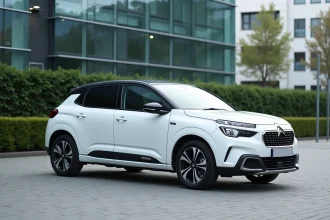 Citroën C4 blanche version Business garée devant un immeuble de bureaux moderne