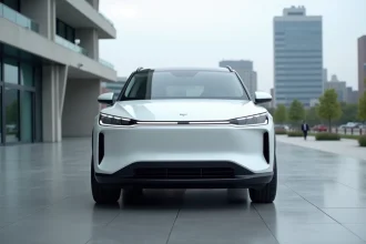 Nouvelle Citroën e3008 2026 en blanc nacré sur une place urbaine moderne, vue trois-quarts avant