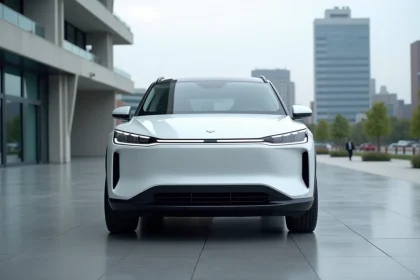 Nouvelle Citroën e3008 2026 en blanc nacré sur une place urbaine moderne, vue trois-quarts avant