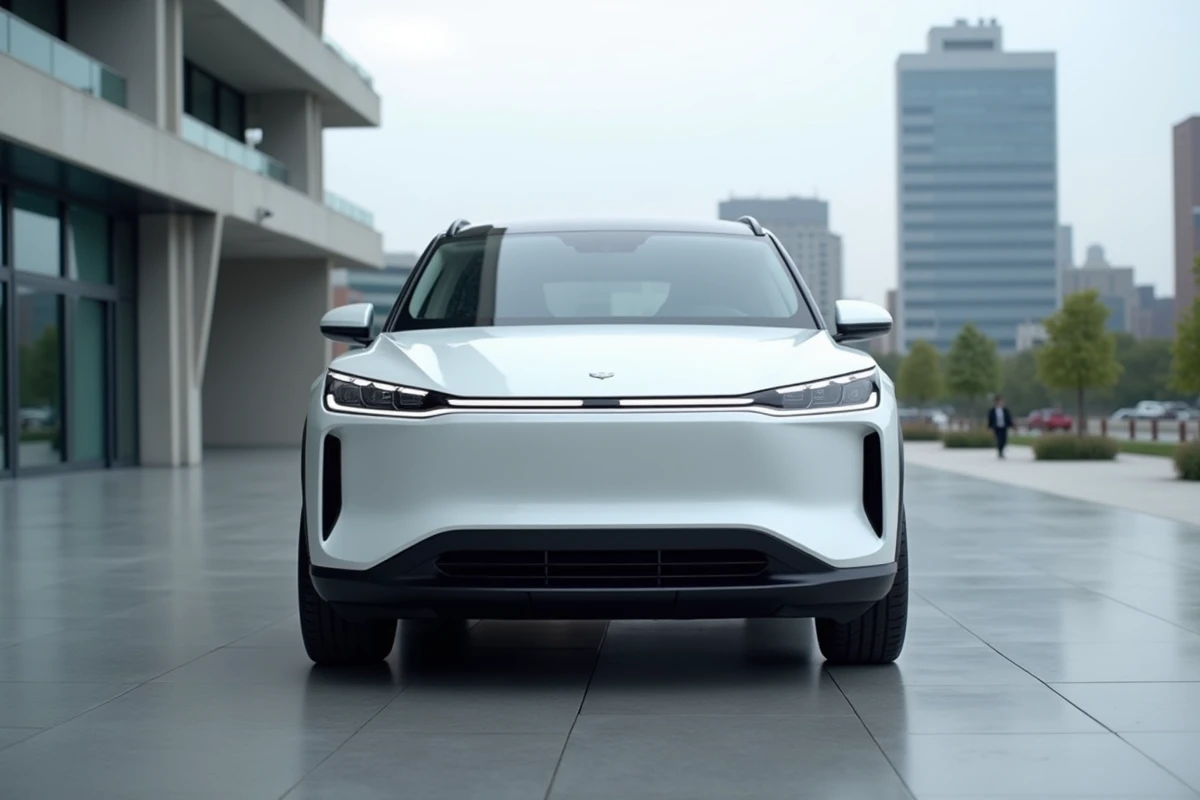 Nouvelle Citroën e3008 2026 en blanc nacré sur une place urbaine moderne, vue trois-quarts avant