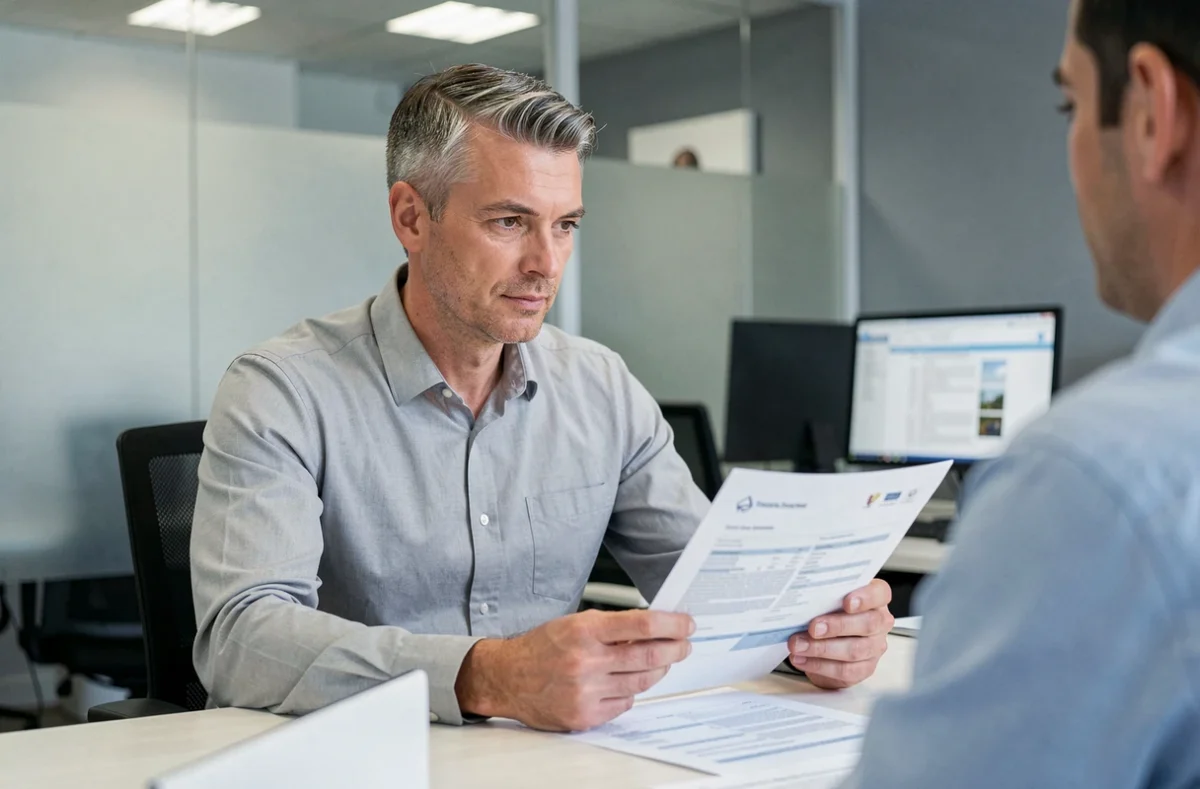 Client examinant son contrat d'assurance auto dans une agence pour résilier avec la loi Hamon