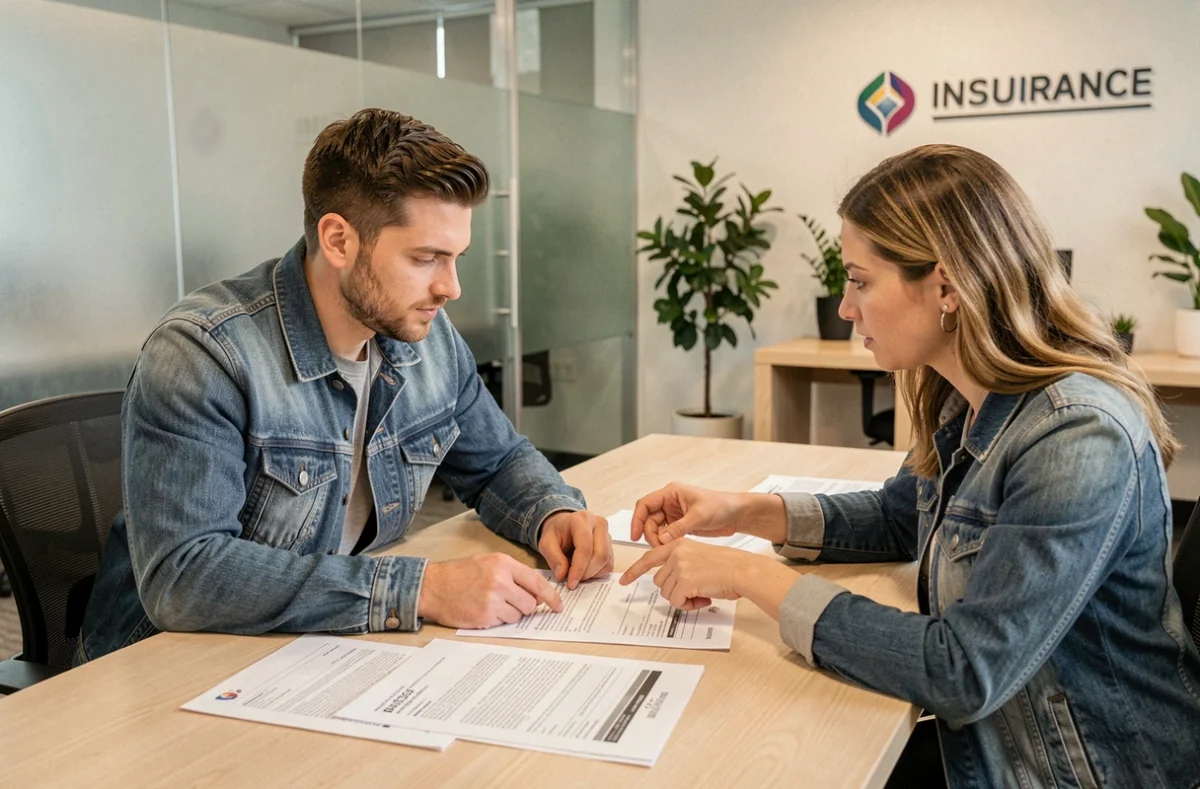 Client discutant de son contrat d'assurance quad avec un conseiller dans une agence d'assurance