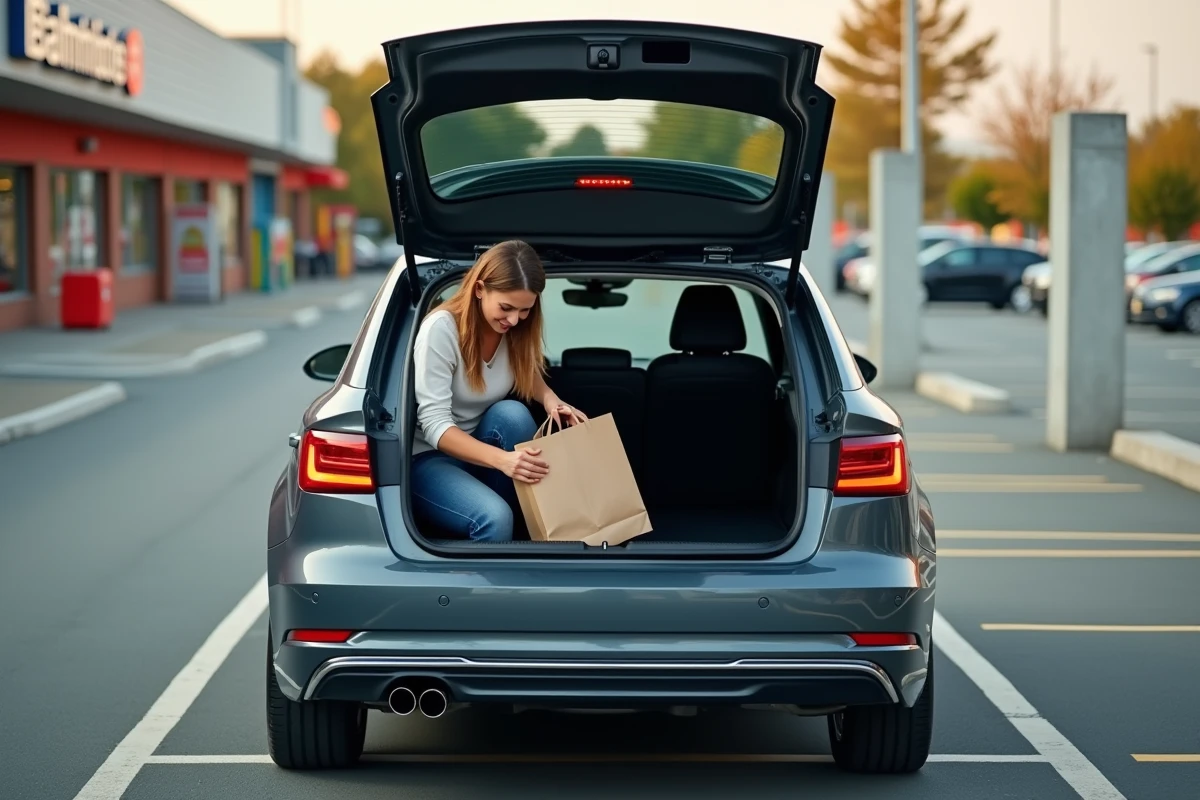 Coffre de l'Audi A3 Sportback ouvert en situation réelle avec chargement de courses, illustrant le volume utilitaire et la praticité au quotidien