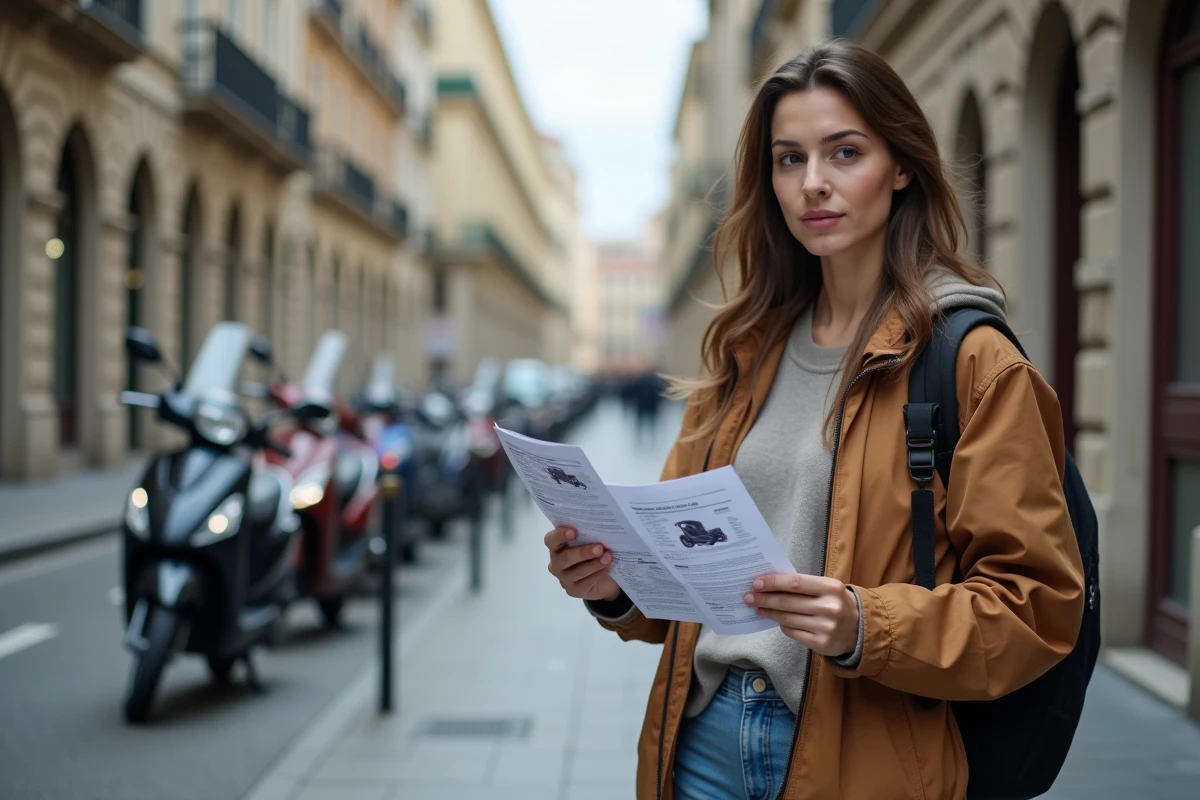 Femme comparant des annonces de scooters d'occasion dans une rue urbaine pour évaluer le prix du marché local