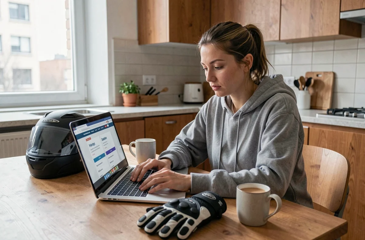 Jeune femme comparant des offres d'assurance moto permis A2 sur un ordinateur portable à la maison