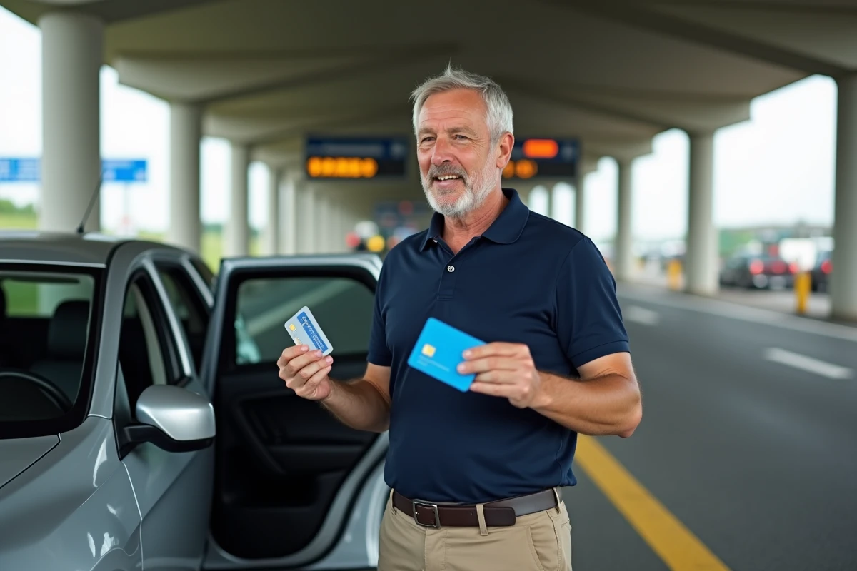Homme comparant deux cartes autoroute devant un péage français lors d'un trajet longue distance