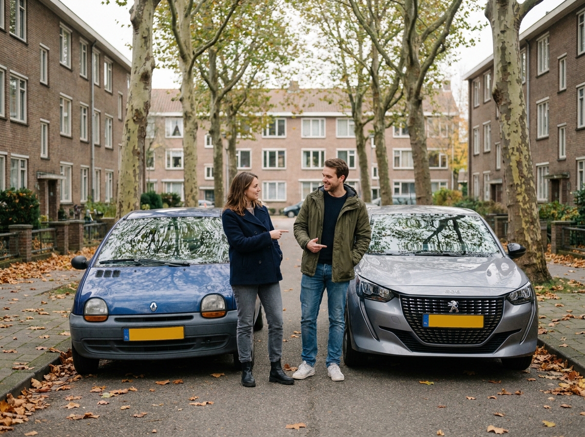 Deux amis comparant une petite citadine et une compacte garées dans une rue résidentielle en automne, aide visuelle pour choisir entre deux types de voitures urbaines