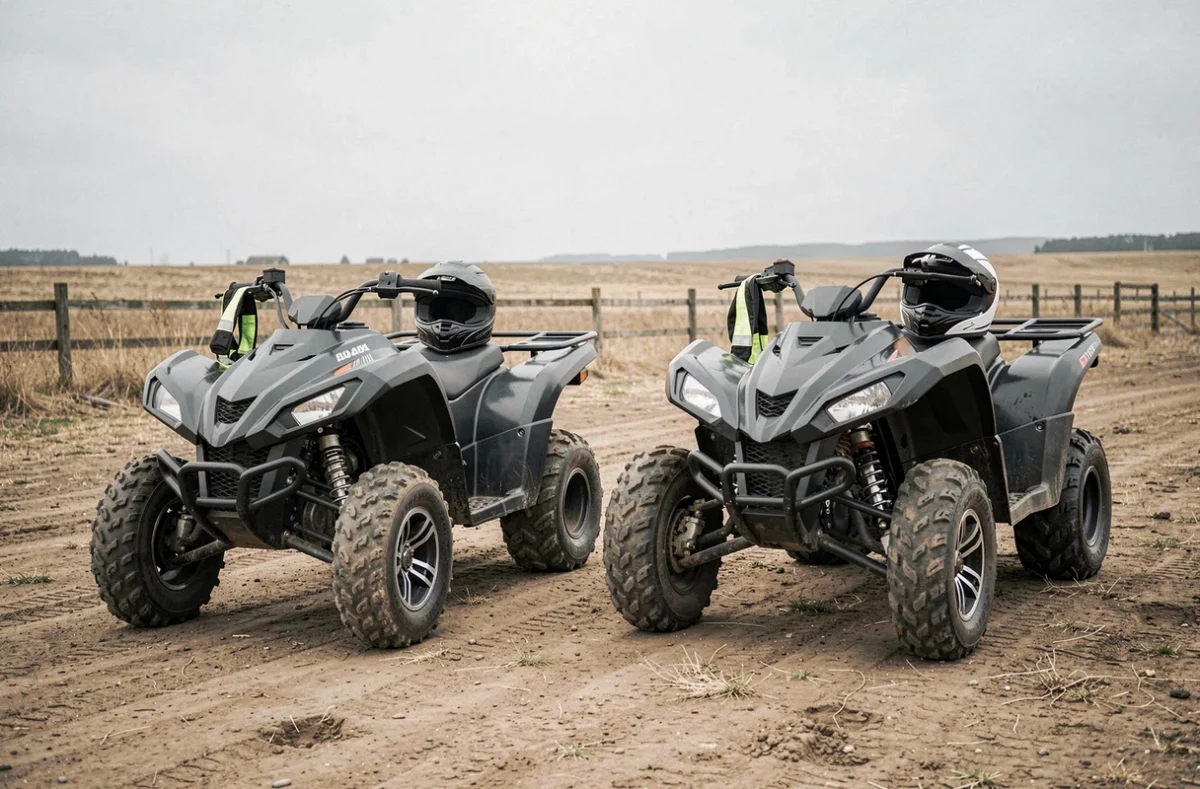 Deux quads garés côte à côte sur un terrain en plein air pour comparer les modèles avant de choisir une assurance