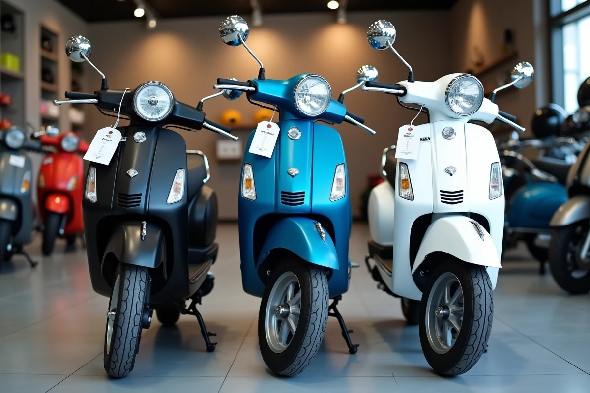 Trois motos 50cc alignées dans une concession avec étiquettes de prix comparatifs