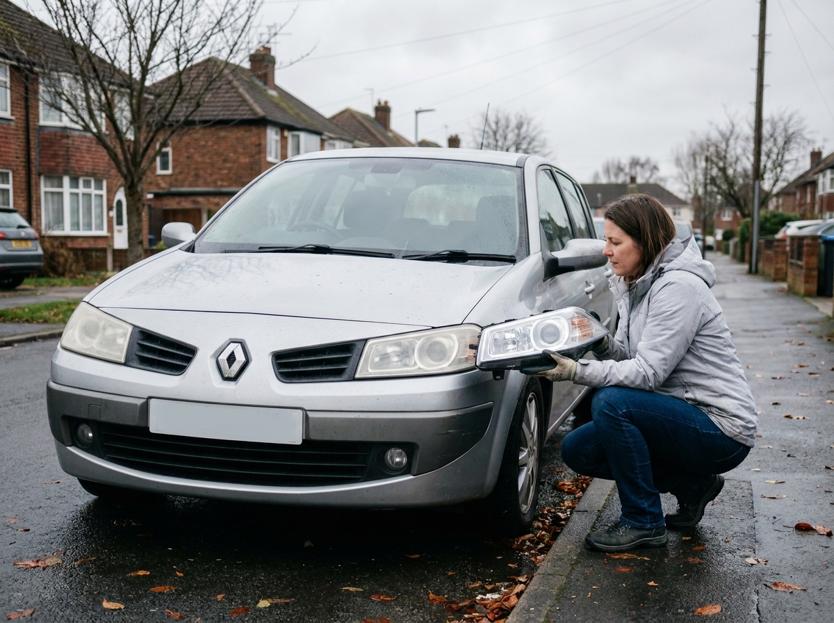 Femme comparant un phare de remplacement avec le phare d'origine sur une Renault Megane 2 dans la rue