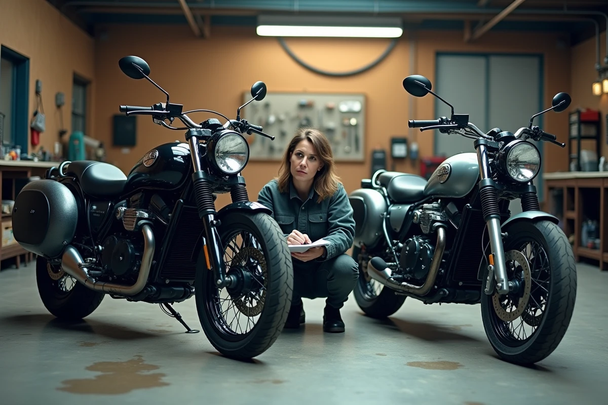 Comparaison de deux sidecars moto côte à côte dans un atelier mécanique