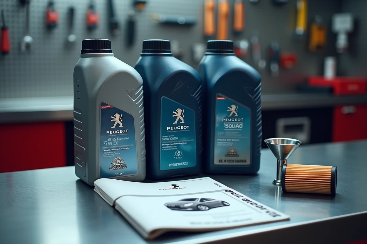 Comparatif de bouteilles d'huile moteur 5W-30 5W-40 et 0W-20 posées sur un établi avec le manuel d'utilisation d'une Peugeot 208