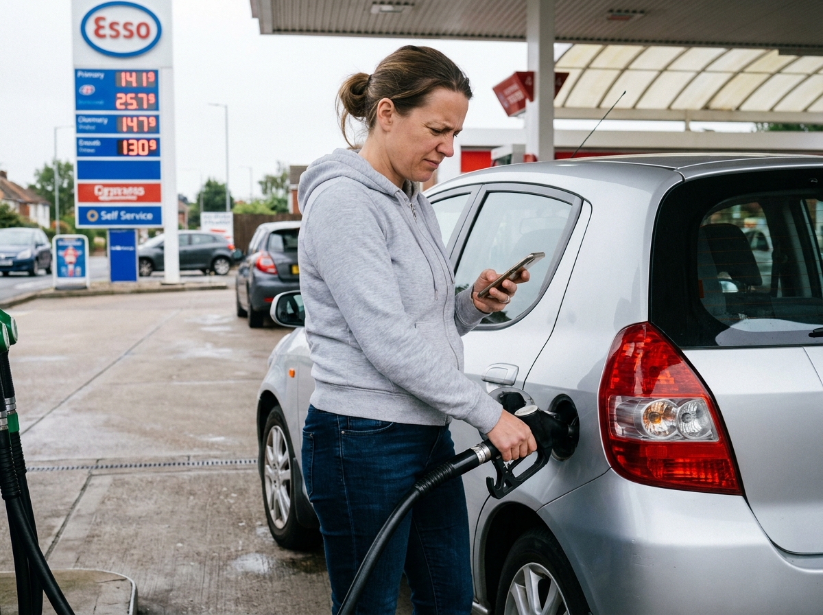 Femme comparant les prix de carburant sur son smartphone à la pompe d'une station-service