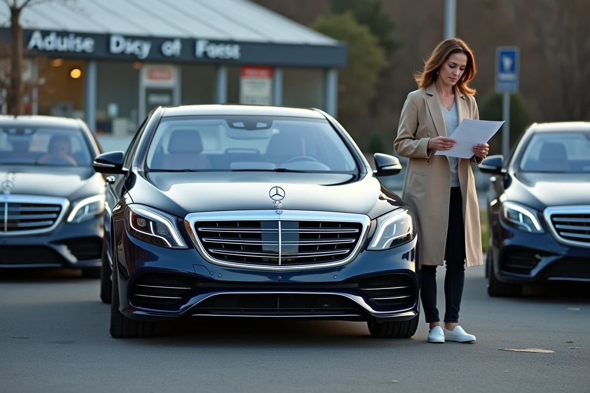 Lot d'un concessionnaire de voitures d'occasion avec une Mercedes S65 AMG V12 bleu foncé au premier plan arborant une étiquette de prix, une femme consulte le rapport d'historique du véhicule