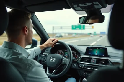 Conducteur sur autoroute française avec panneau de péage en arrière-plan, trajet domicile-travail gratuit