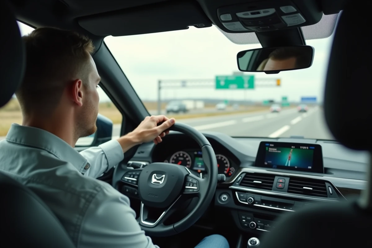 Conducteur sur autoroute française avec panneau de péage en arrière-plan, trajet domicile-travail gratuit