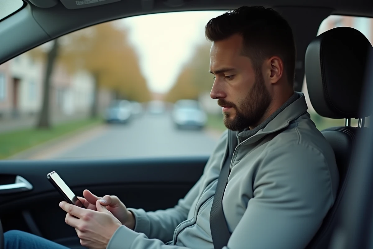 Conducteur vérifiant ses points de permis de conduire sur l'application ANTS depuis son véhicule